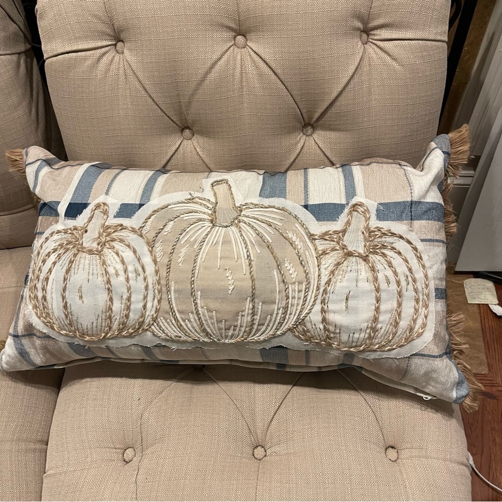 3D Jute Plaid Long Decorating Pillow 26”x15” Blue White Tan